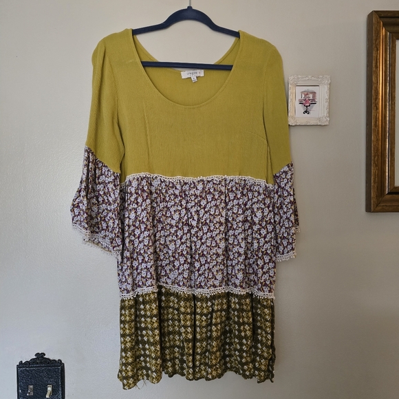 Umgee Yellow Boho Floral Bell Sleeve Mini Dress - Picture 2 of 6